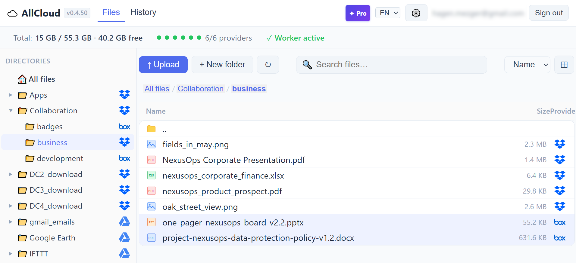 AllCloud file browser — folder tree on the left, files with provider icons on the right