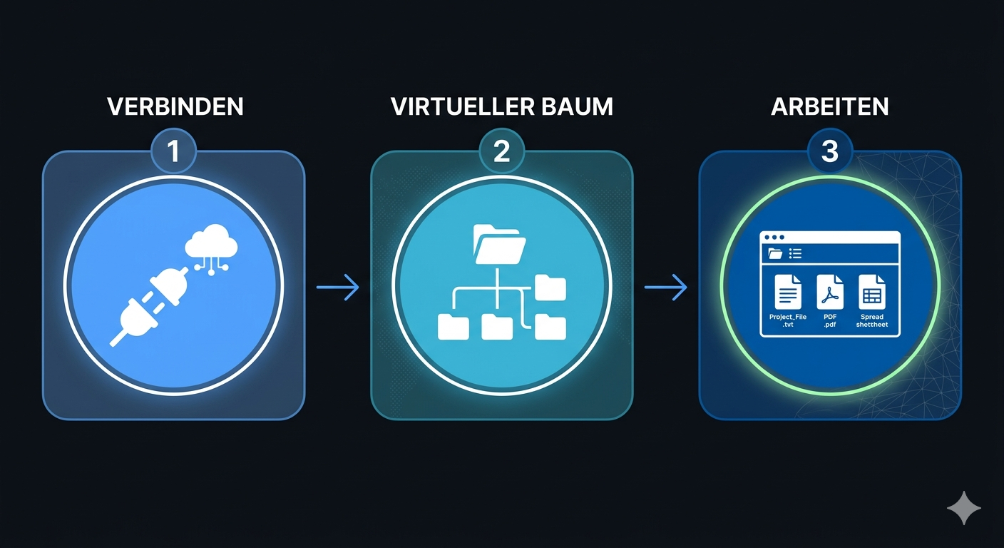3 Schritte: Verbinden, Virtueller Baum, Arbeiten